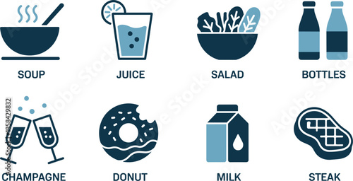 Food and beverage icon set: healthy salad bowl, hot soup, fresh juice, breakfast donut, milk carton, and steak