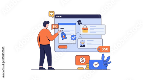 Man Interacting with Digital E-commerce Interface and Shopping Cart.