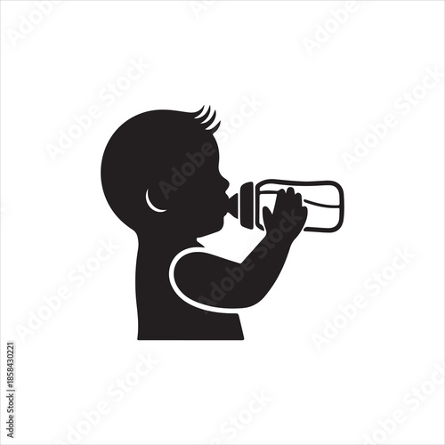  Silhouette baby drinking milk from bottle side view vector illustration