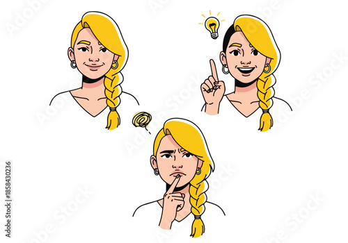 Young woman expressing various emotions - Lifestyle Illustration, Flat Line Art, Flat Style Illustration, Flat Line Illustration, Cartoon Line Illustration, Modern Outline Flat Illustration
