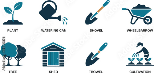 Gardening and cultivation icon set: watering can, shovel, wheelbarrow, plant growth, wooden shed, and trowel vector design symbols