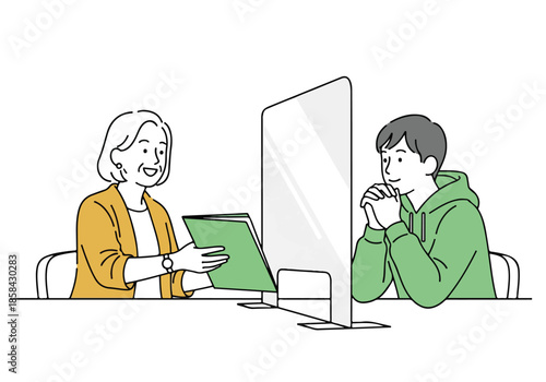 Elderly woman assisting young boy with tablet - Lifestyle Illustration, Flat Line Art, Flat Style Illustration, Flat Line Illustration, Cartoon Line Illustration, Modern Outline Flat Illustration