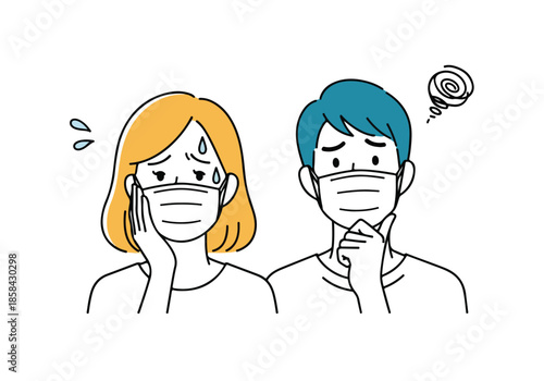 Couple wearing face masks - Lifestyle Illustration, Flat Line Art, Flat Style Illustration, Flat Line Illustration, Cartoon Line Illustration, Modern Outline Flat Illustration