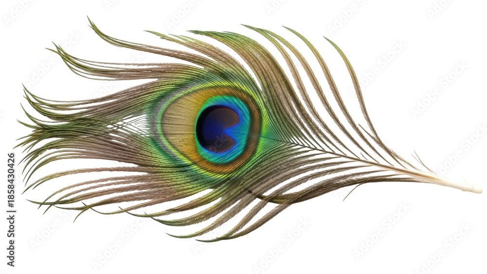 Obraz premium Isolated beautiful iridescent peacock feather, iridescent, decoration for design, isolated