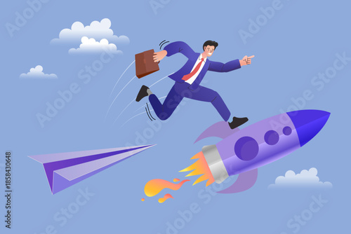 Business innovation and technology upgrade concept. Businessman jumping from paper plane to rocket to boost speed and success. Flat vector illustration for digital transformation and startup growth.