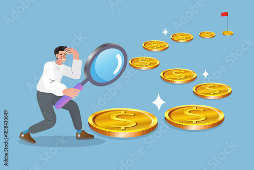 Businessman using magnifying glass to follow money coin path towards goal flag. Flat vector illustration for market research, business audit, and opportunity discovery.