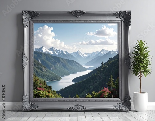 Majestic framed mountain landscape with vibrant hues and a calm lake