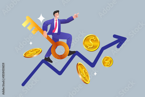 Key to financial success and business growth concept. Businessman holding giant golden key on rising graph. Flat vector illustration for investment strategy, profit unlocking, and market opportunity.