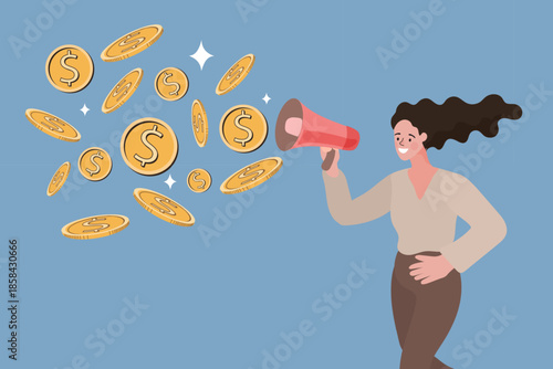 Financial marketing announcement and revenue concept. Woman shouting into megaphone releasing dollar coins. Flat vector illustration for referral bonus, sales promotion, and commercial news.