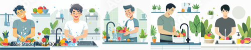 Abstract colorful vector background featuring a a man standing and washing the fruits near a cartoon house with flowers