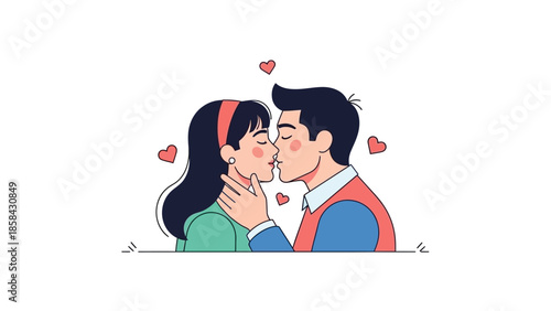 Couple Sharing a Tender Kiss Surrounded by Hearts.