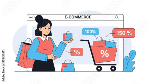 Woman Shopping Online with Bags and Cart.