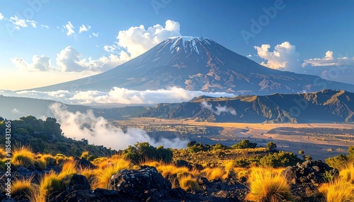 Majestic mountain peak with snow, clouds, and sunny landscape