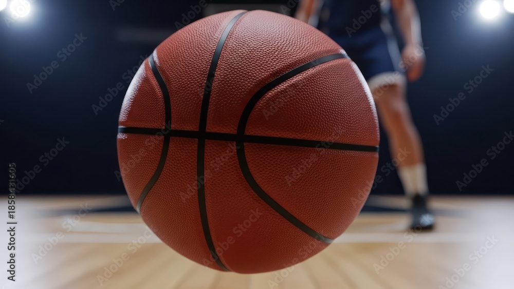 Fototapeta premium Close up of basketball in focus on wooden court; player blurry in back