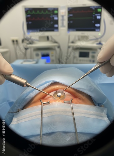 Medical eye procedure, instruments held above patient's eye