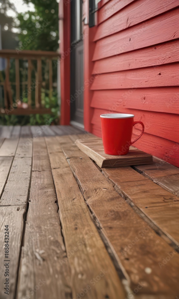 Naklejka premium Empty red coffee cup on a wooden front porch step at dawn , coffee, cup, wood