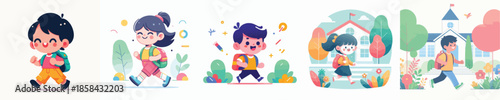 Vector illustration of a happy cartoon boy and girl drawing an abstract colorful background with lines to celebrate childhood friendship and education