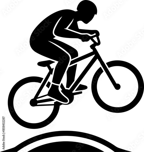 Stylized silhouette of person riding a bicycle doing stunt or jump. Extreme sport and active lifestyle concept. Simple graphic symbol. Vector icon