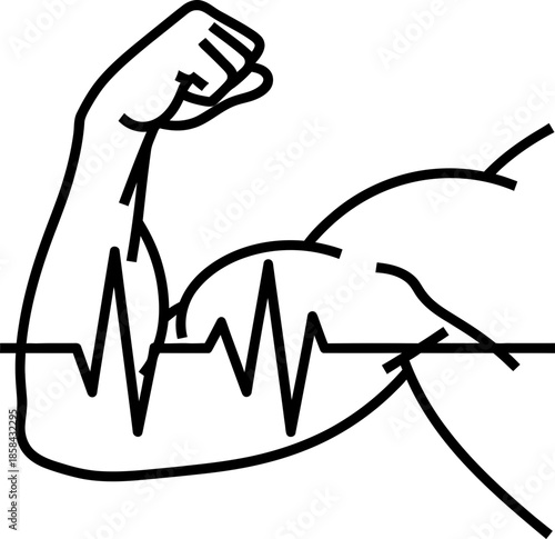 Muscular arm with heartbeat line showing strength and health concept. Outline simple icon for fitness, medical, gym design