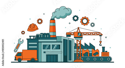 Flat vector illustration of an industrial factory complex with smokestack crane truck and gears Production concept