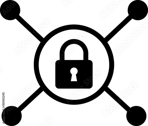 Black padlock inside circle with connected nodes. Cybersecurity, network protection, privacy, data safety concept. Vector icon