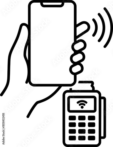 Hand holding smartphone making a contactless payment with a terminal icon showing modern transaction and digital finance. Vector illustration