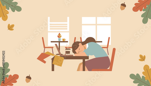 Overworked woman asleep at her desk with laptop and papers fatigued during the autumn season