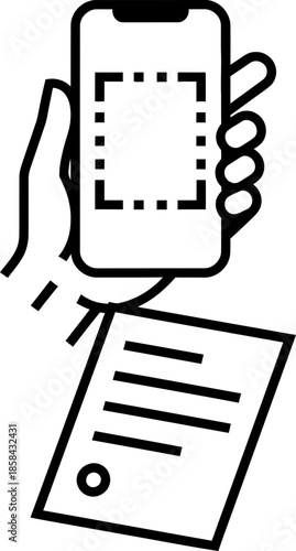 Hand holding smartphone scanning document with dotted line. Paperless, digital signature, mobile office, business. Concept vector icon