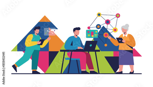 Teamwork and data analysis illustration featuring diverse professionals using technology