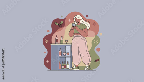 Young woman uses a phone next to a home bar planning a festive gathering Modern holiday vector illustration