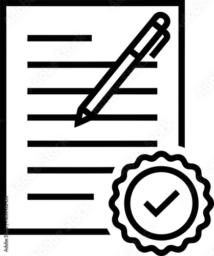 Document icon with pen writing on paper and successful verified stamp. Contract agreement complete. Flat line vector illustration for legal service.