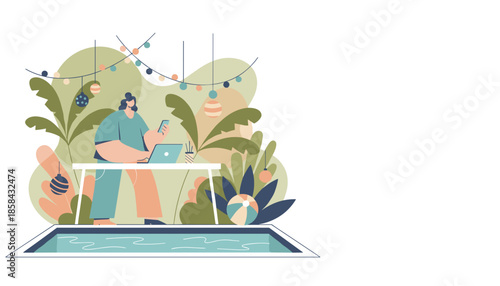 Remote work lifestyle Freelancer using laptop and phone in a tropical poolside workspace