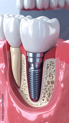 Medical illustration showing a dental implant and surrounding gum tissue