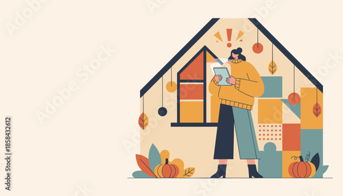 Cozy woman using a tablet at home surrounded by autumn decor and pumpkins Fall lifestyle concept