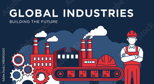 Global industrial production vector illustration featuring a factory conveyor gears and skilled laborer