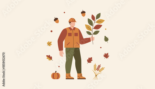 Professional worker in vest and hard hat holds autumn foliage surrounded by harvest elements like pumpkins and acorns