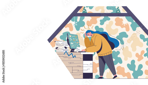 Burnout Woman stressed and struggling with a headache in her busy home office attic