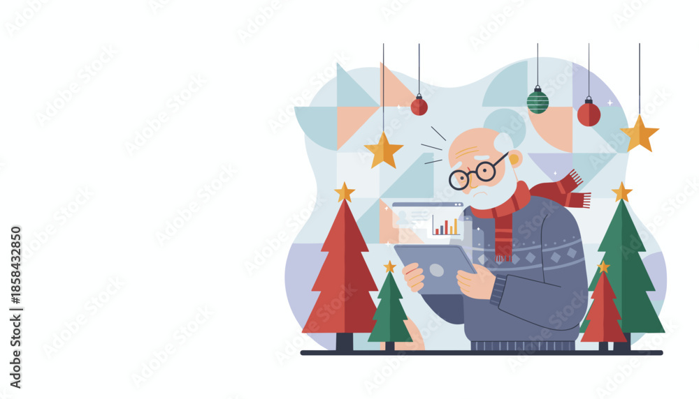 Obraz premium Stressed senior man using a tablet during the holidays dealing with tech or financial confusion