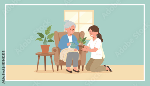 Elderly woman watering plants with a caregivers help Home healthcare and senior living