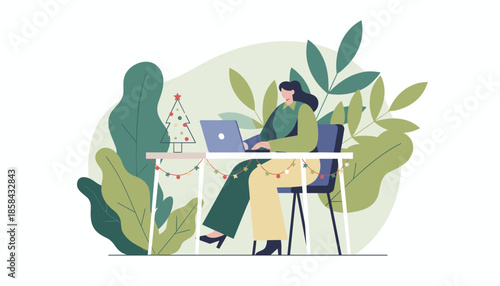 Woman works on laptop in green office decorated for Christmas holidays Remote work concept