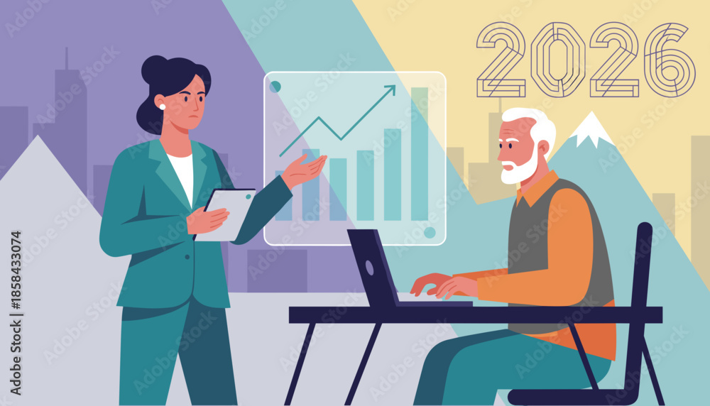 Fototapeta premium Business team planning 2026 strategy with growth charts and data presentation