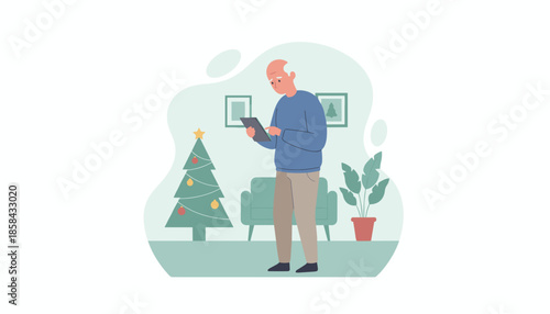 Sad senior man using tablet next to Christmas tree Holiday isolation and technology challenges