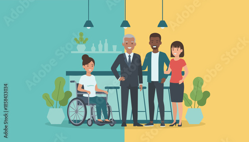 Diverse professional group smiling including a woman in a wheelchair promoting inclusion and equality