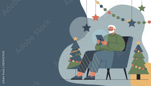 Senior man relaxing with tablet amid Christmas decorations holiday digital connection