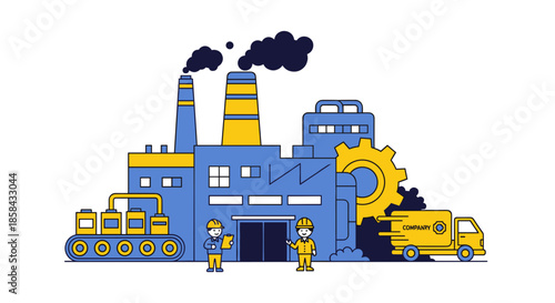 Industrial factory production vector illustration workers conveyor belt and delivery truck logistics