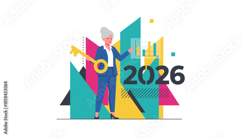 Senior businesswoman holds the key to 2026 success pointing at financial growth charts Strategic business planning