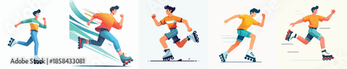 Colorful abstract background featuring vibrant ribbons and a cartoon vector illustration of a boy athlete in action during a  fun skating