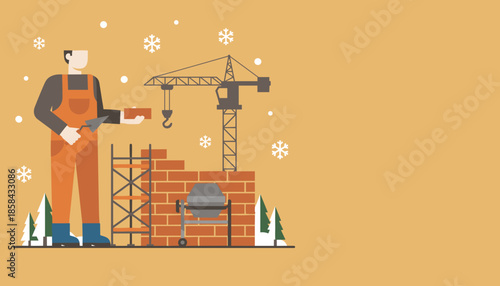 Bricklayer working in winter weather on construction site with crane wall and cement mixer