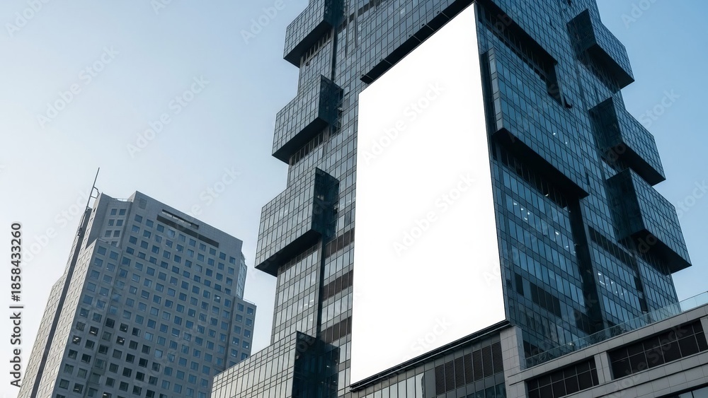 Obraz premium Modern Architectural Canvas: A high-angle shot showcasing a tall skyscraper, its facade a striking display of modern architecture, featuring an expansive.