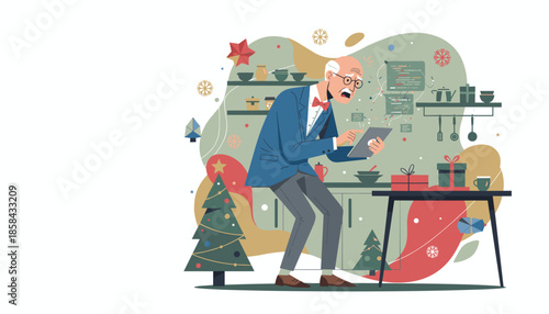 Senior man confused by complex holiday planning or tech usage on a digital tablet